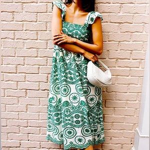 smocked MAXI dress white lined sundress + blue red or green eyelet embroidery